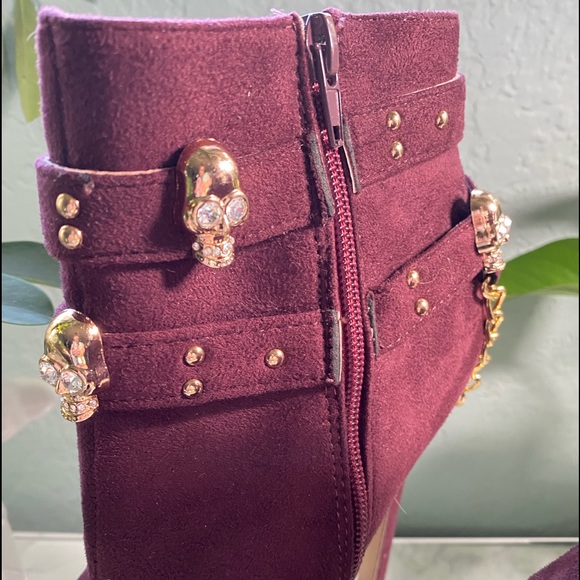 Maroon Skull Detail Platform Wedge Booties - Picture 7 of 16